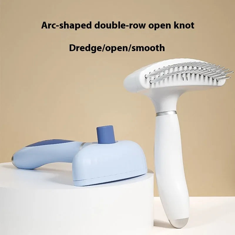 Stainless steel dog grooming comb with double-row teeth in light blue or white colours