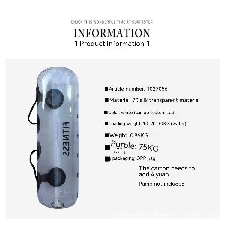 Transparent PVC inflatable weight lifting bag filled with water, showing weight scale options from 5kg to 35kg.