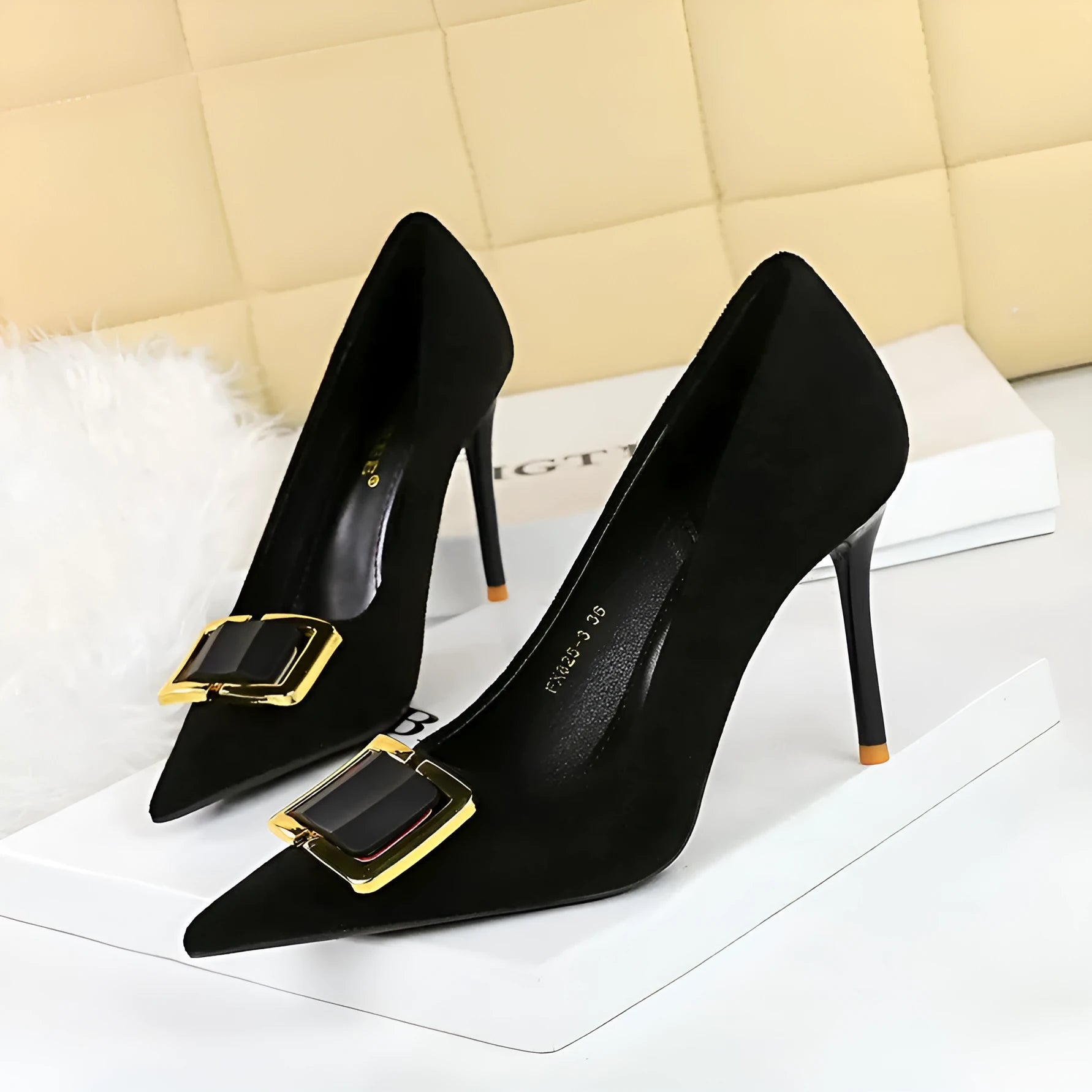 Black suede women's stiletto heels with 9cm heel and shallow open-toe design