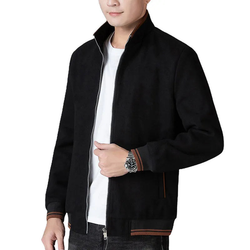 A grey men's sporty fleece jacket with long sleeves and a stick pocket, shown on a hanger.