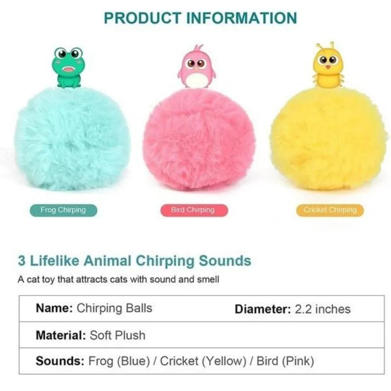 Interactive cat toy ball in blue, pink, and yellow colours with animal sound features