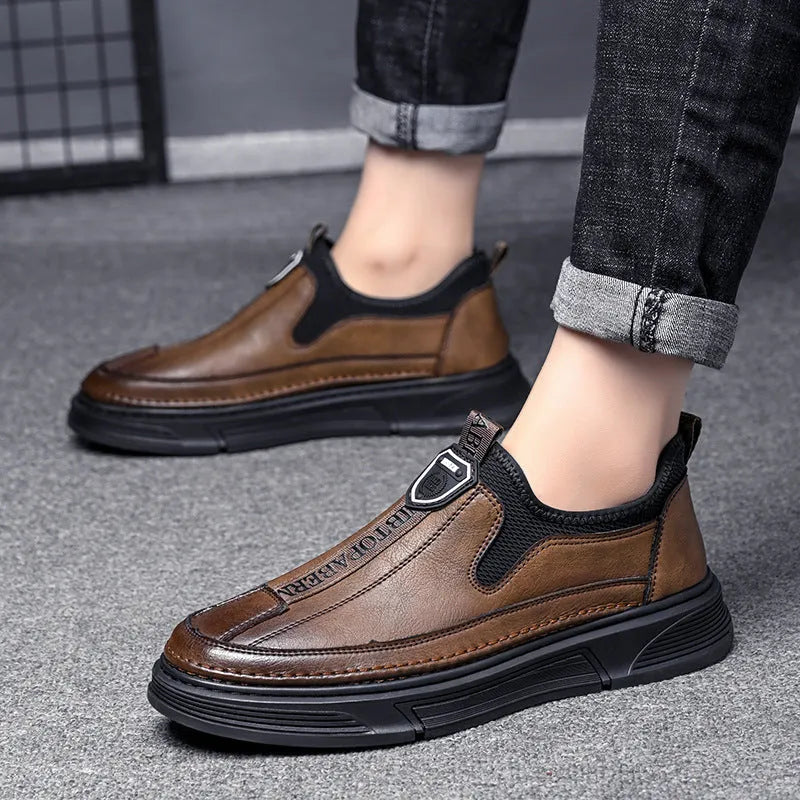 Men's solid color casual leather round toe shoes in black and brown options
