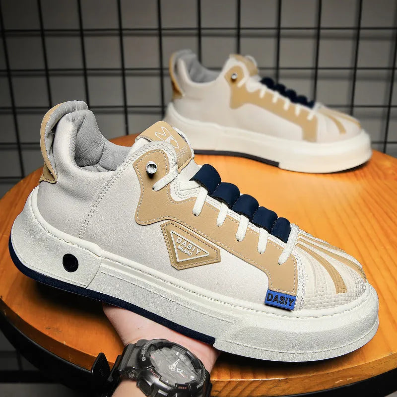 Men's beige low-top casual sneakers with elastic band closure and round toe.