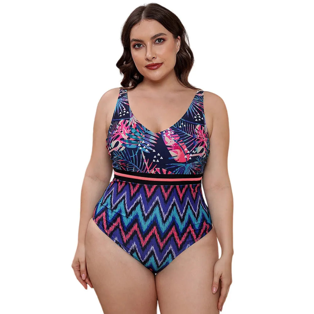 Women's printed one-piece swimsuit with spaghetti straps and striped vest design in blue pattern