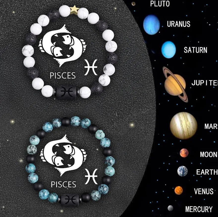 Natural stone beaded zodiac bracelet set showing twelve astrological signs