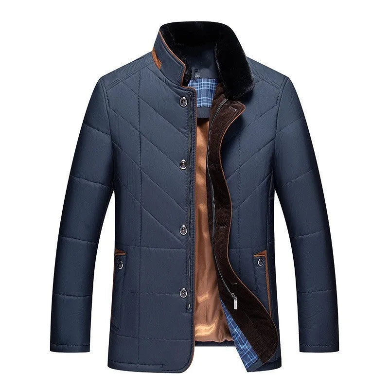 Men's dark blue quilted short winter coat with side pockets