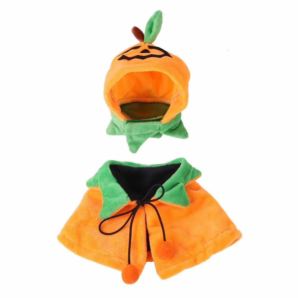 Orange plush Halloween cloak with pumpkin design on a dog, showing cloak and matching hat options.