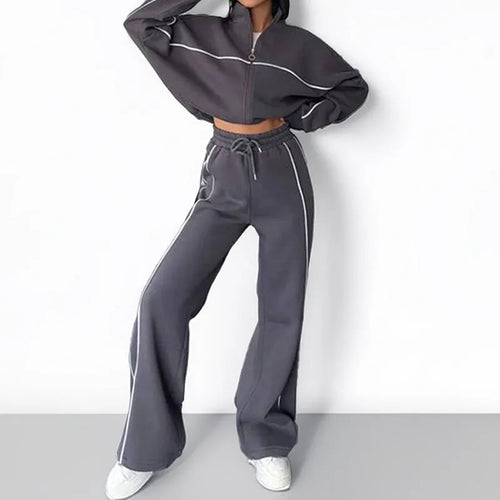 Casual polyester suit set with mock neck hoodie and lace-up striped trousers in six colour options