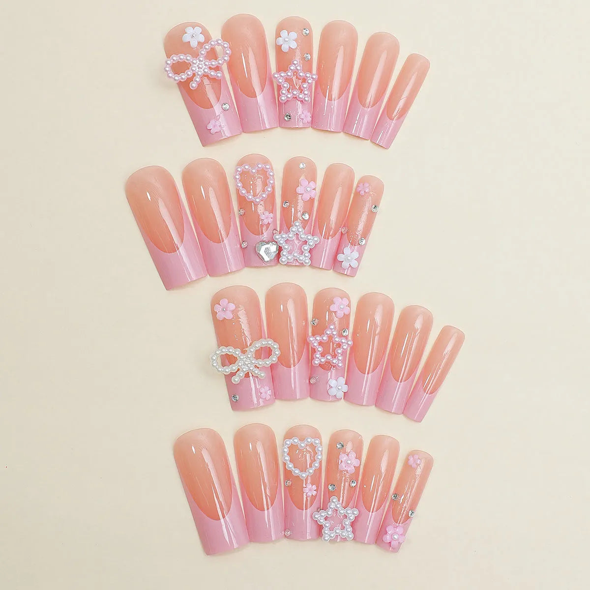 Super long water pipe French spot drill bow false nails with love pattern design in XB-70-48 colour for ladies manicure