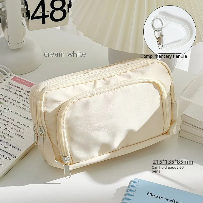 Double layer fabric pencil case in blue, cream, green or pink with gift handle