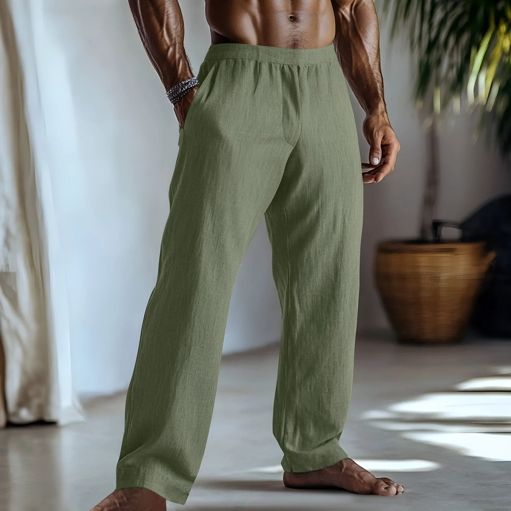 Cotton and linen straight leg trousers in light green colour with side pockets