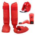 Blue karate protective gear set showing helmet, boxing gloves and leg guards for martial arts training