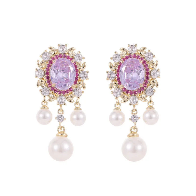 Oval geometric copper earrings with zircon inlays and pearl tassels in light purple colour option