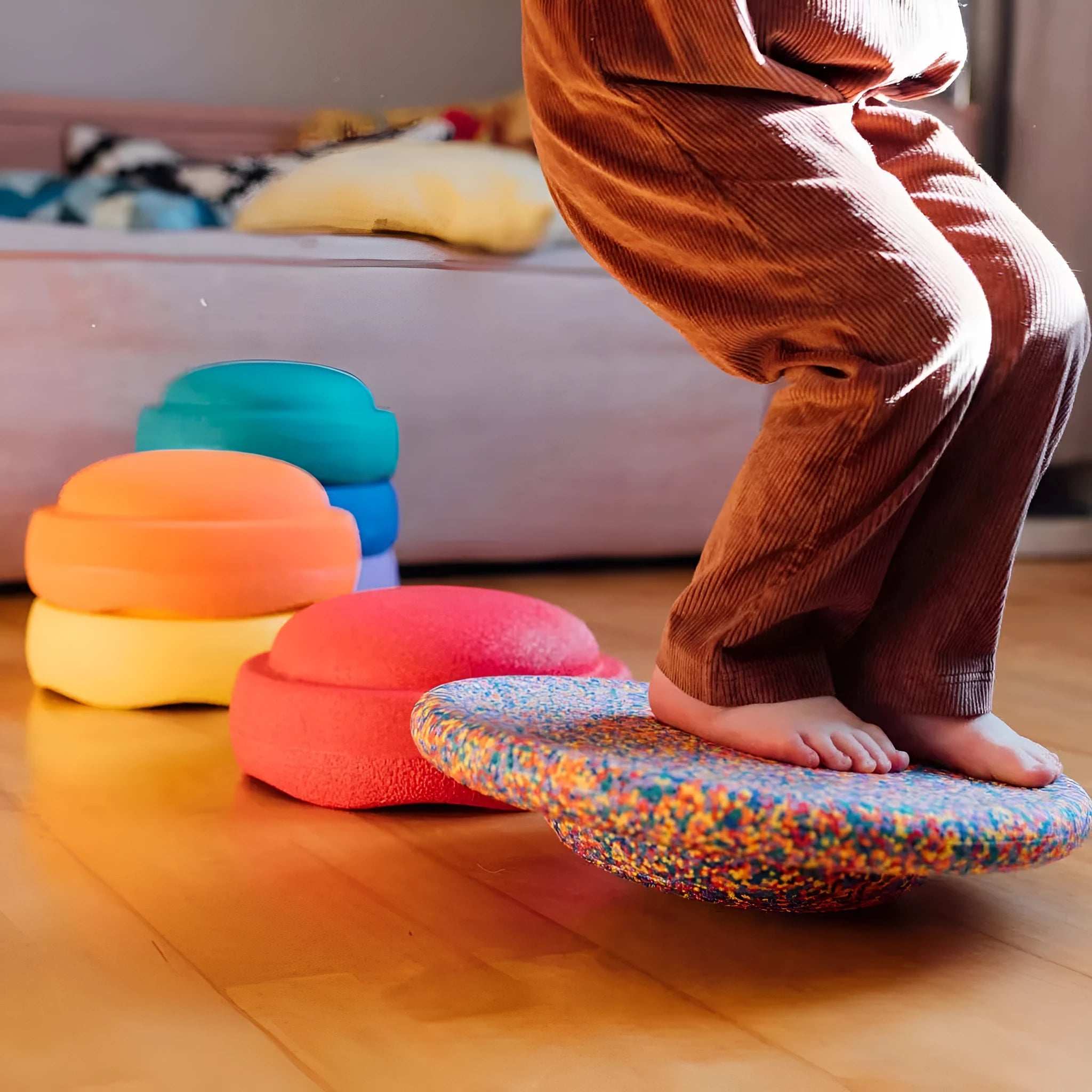 A plastic balance board for children, shown in mixed wood colour and solid black options.
