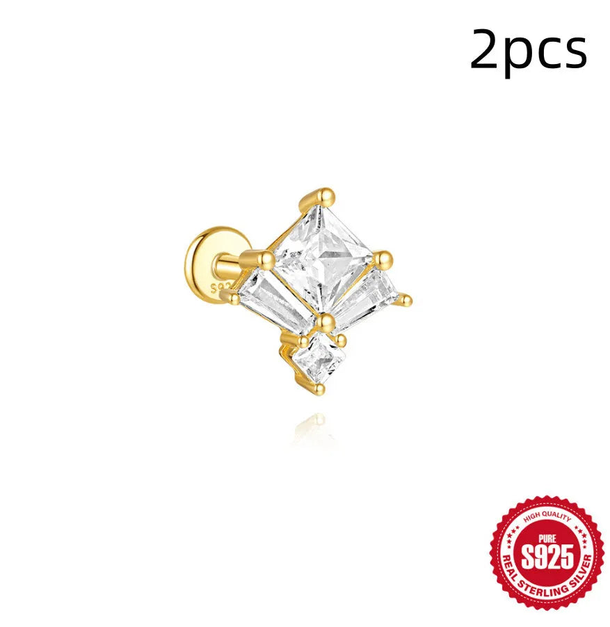 S925 sterling silver geometric chain stud earrings with inlaid zircon for double piercings in golden colour.