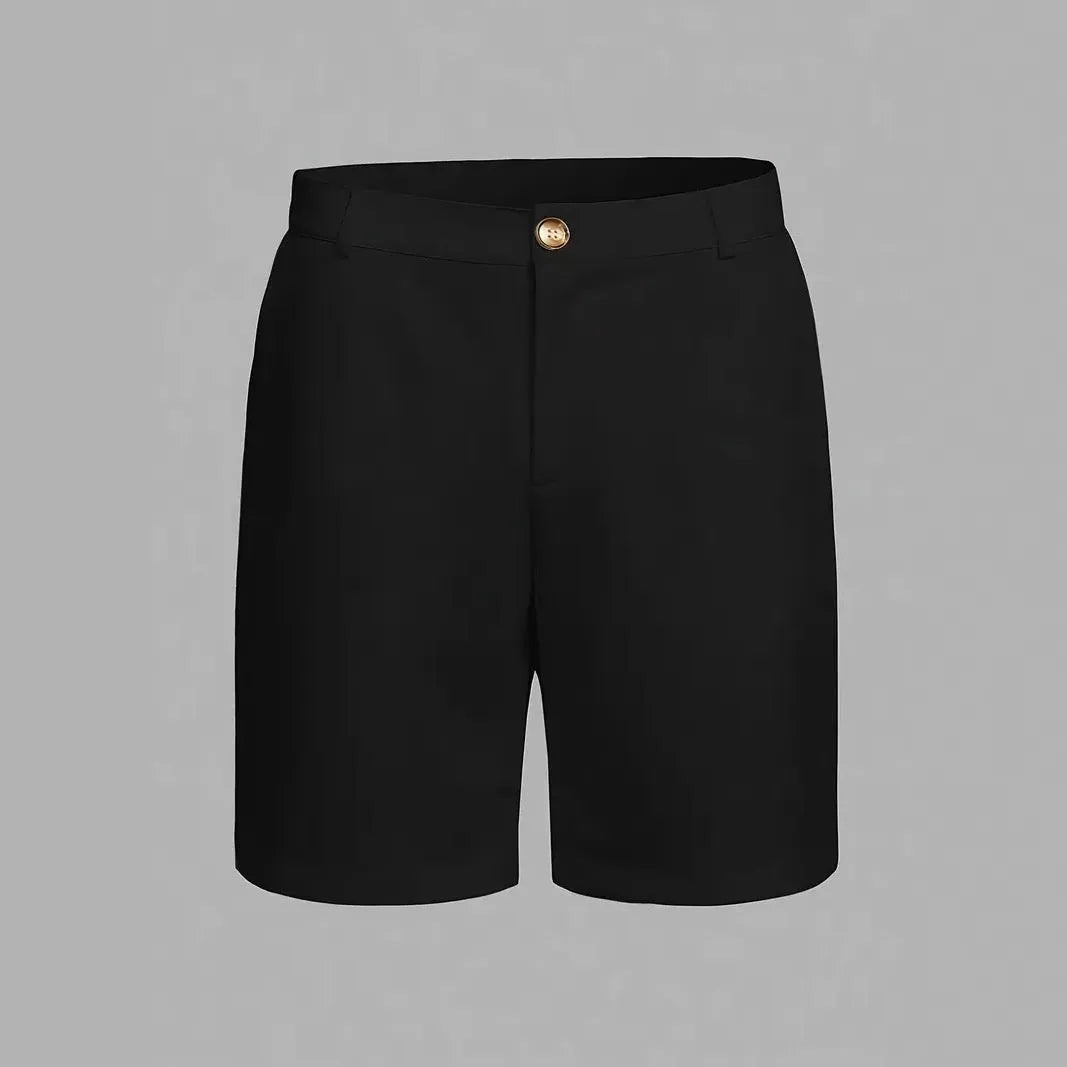 Men's straight-fit cotton blend casual shorts in solid black, shown flat.