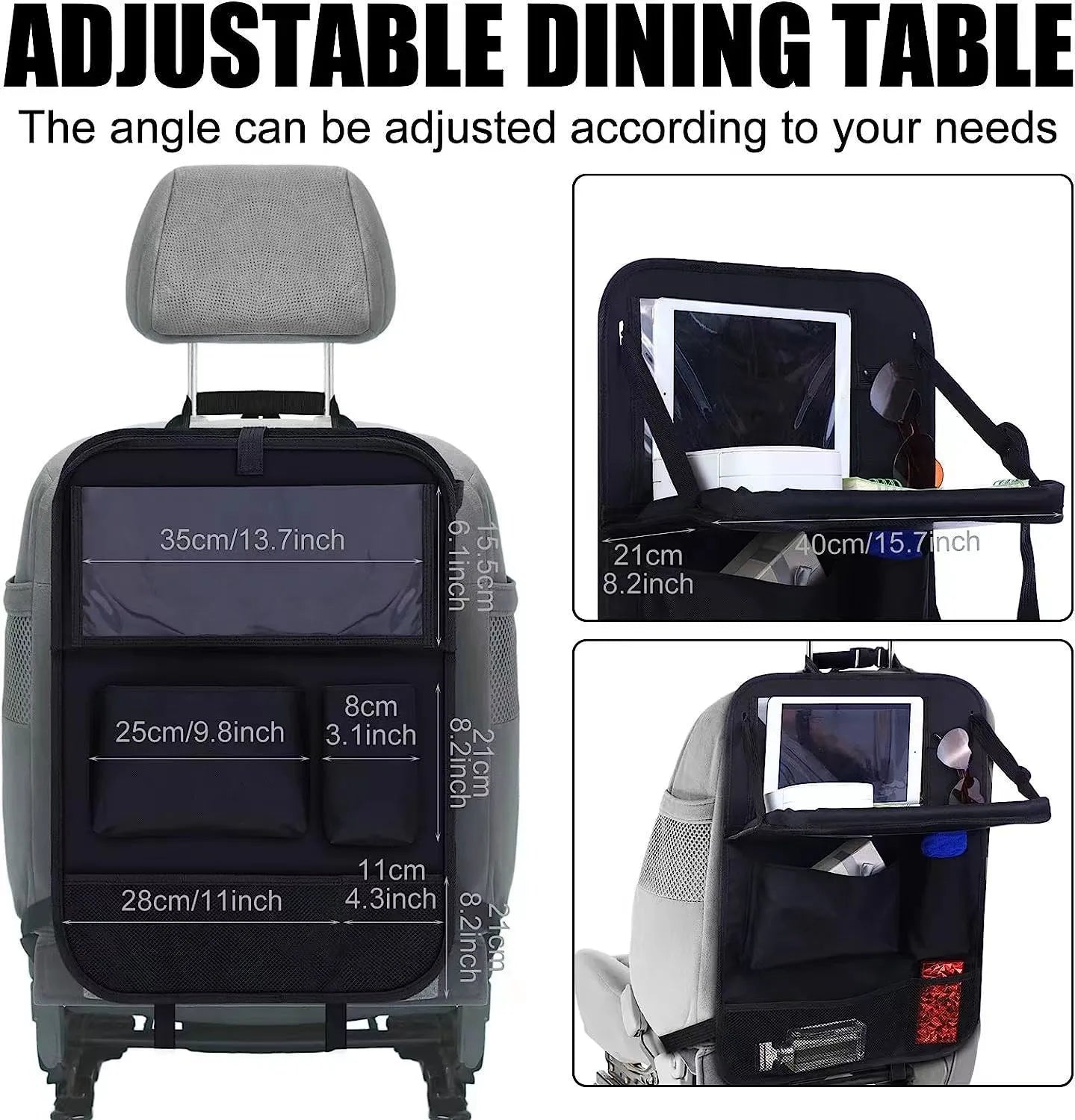 Black oxford cloth car seat back storage organiser with hanging straps, 42x30cm size