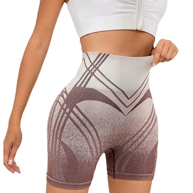 Women's gradient high waisted fitness shorts in nylon blend fabric for yoga and running
