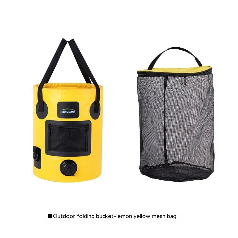Yellow folding plastic fishing bucket shown open and collapsed, 25 litre capacity.