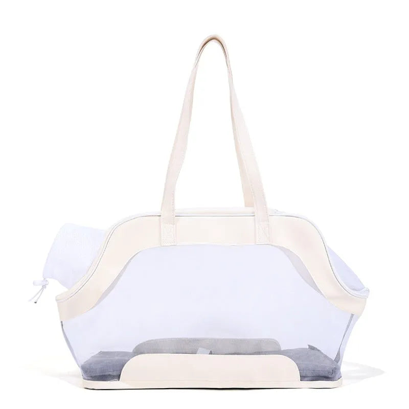 Moorpet leather cat outing carry bag in beige colour showing 25L capacity and structured design