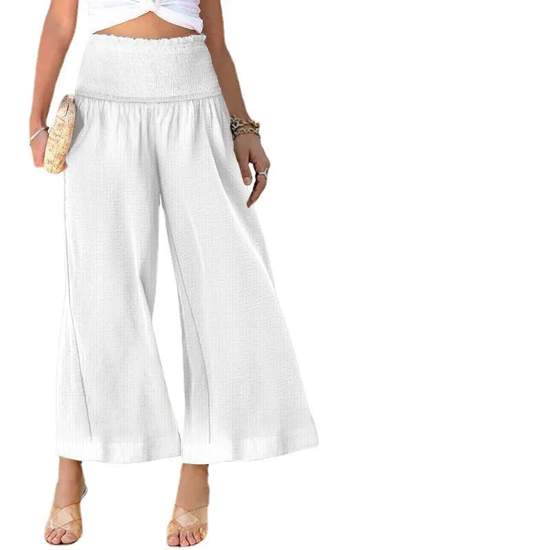 Women's high-waist cotton linen trousers in cropped length with pleated straight-leg design