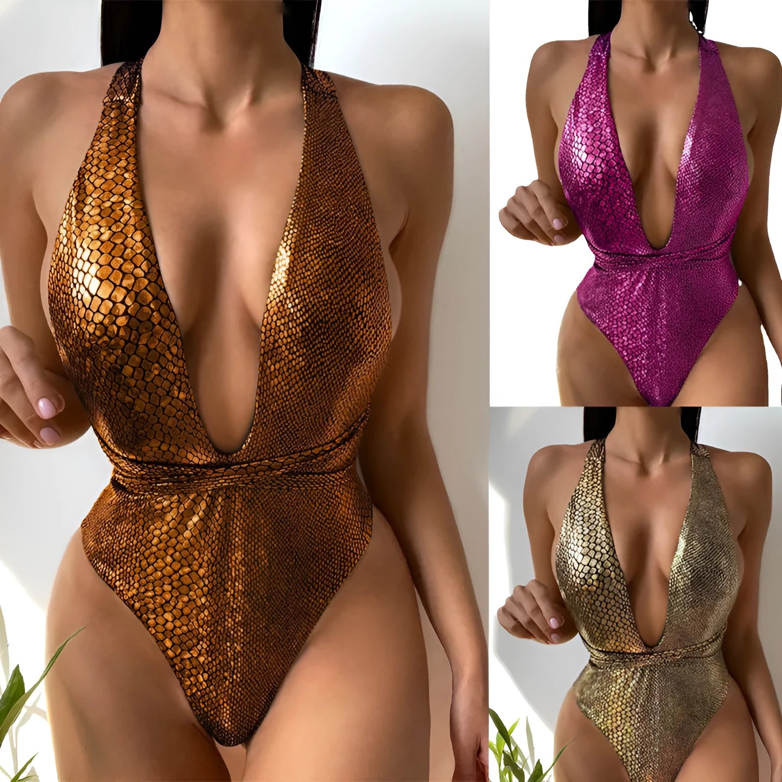 Women's sequined one-piece swimsuit in rose red, orange, white, gold, pink or green