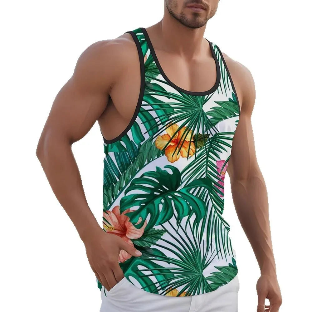 3D printed men's sleeveless vest in solid color Hawaiian style made of pinhole cloth fabric