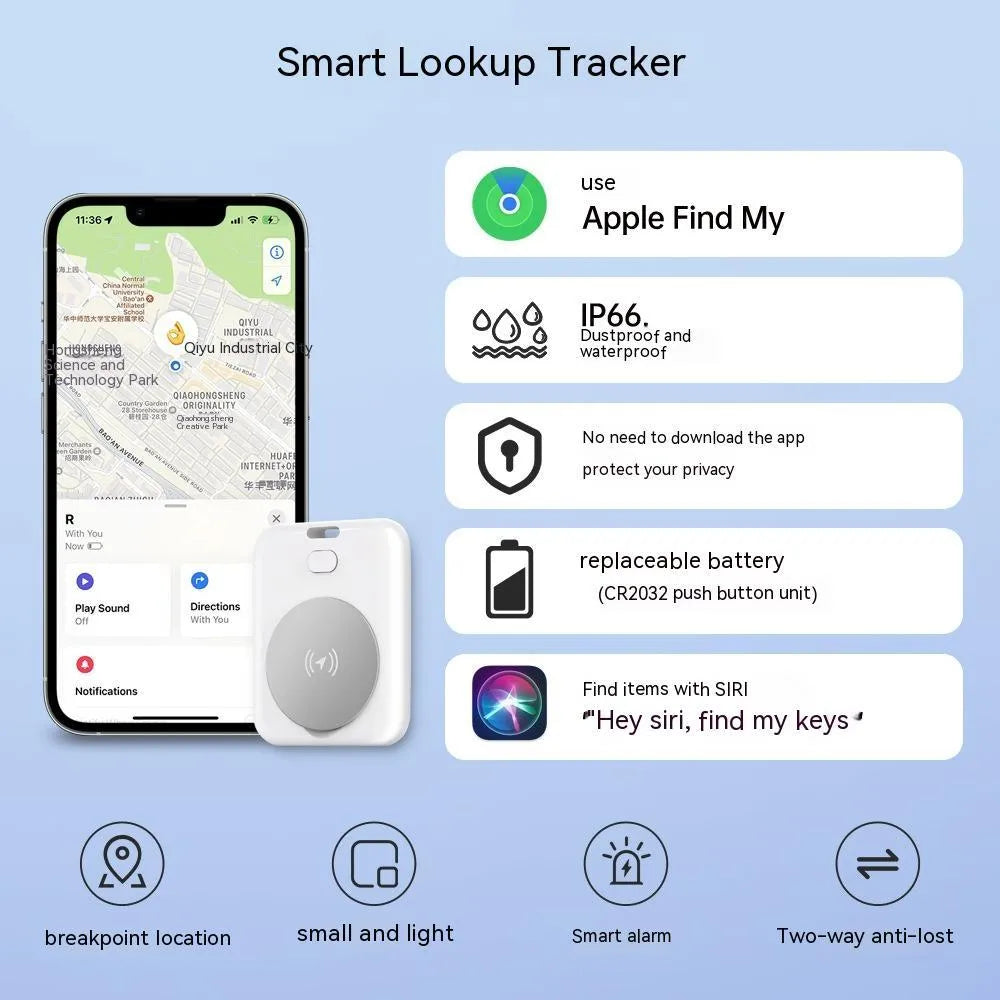 White ABS pet tracking device for Apple users showing lightweight design and portable attachment