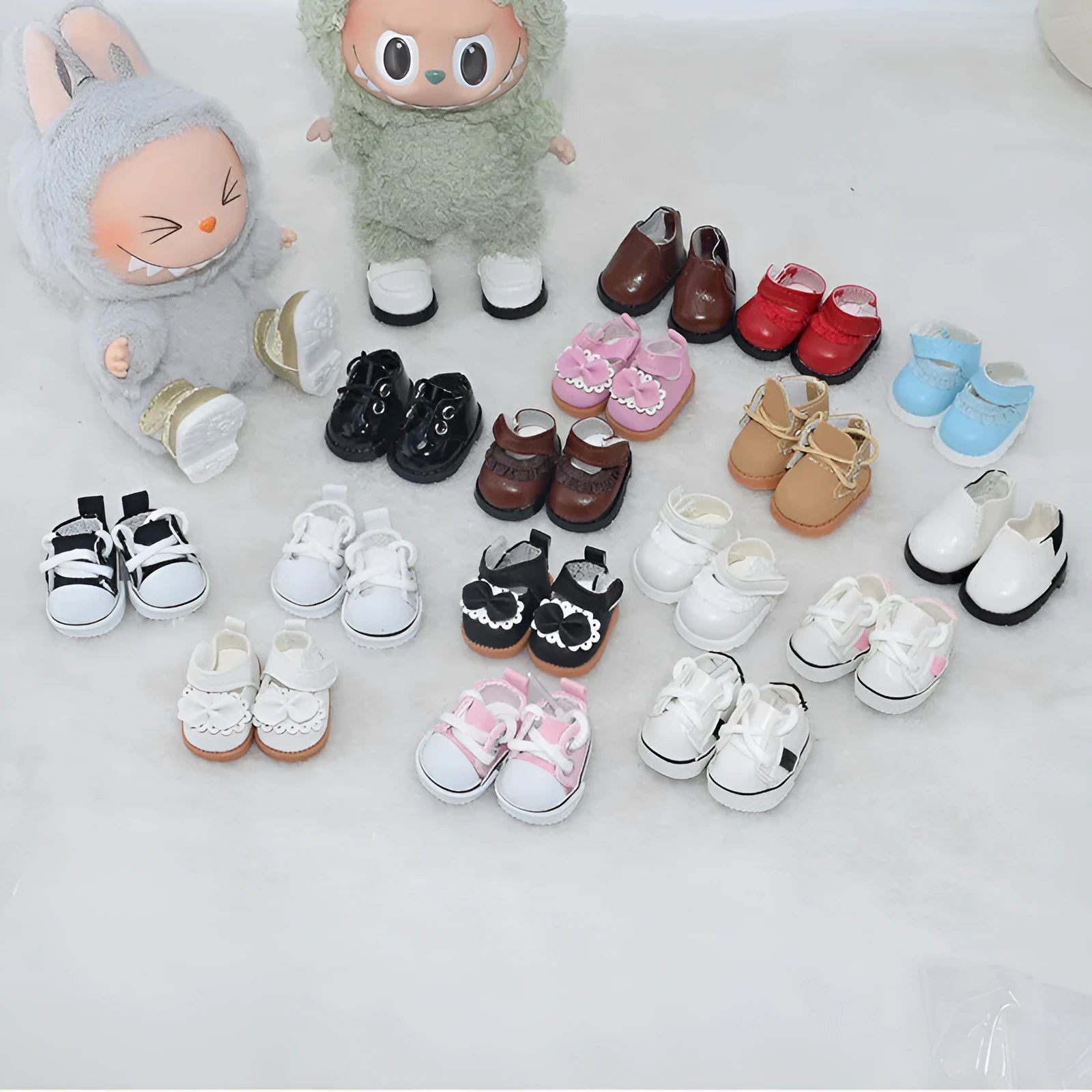 17cm doll replacement shoes in PU polyurethane material showing 3.5cm to 3.8cm height options including boots, leather shoes, and high heels