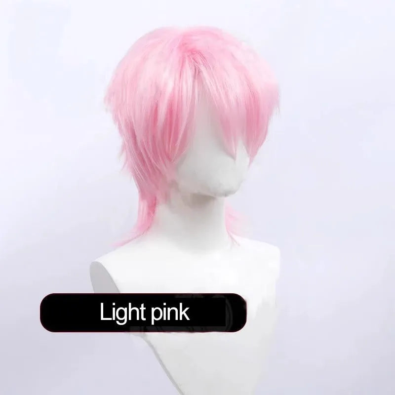 A short-style anime cosplay wig for men in a selected colour, showing its lengthened hair tail.