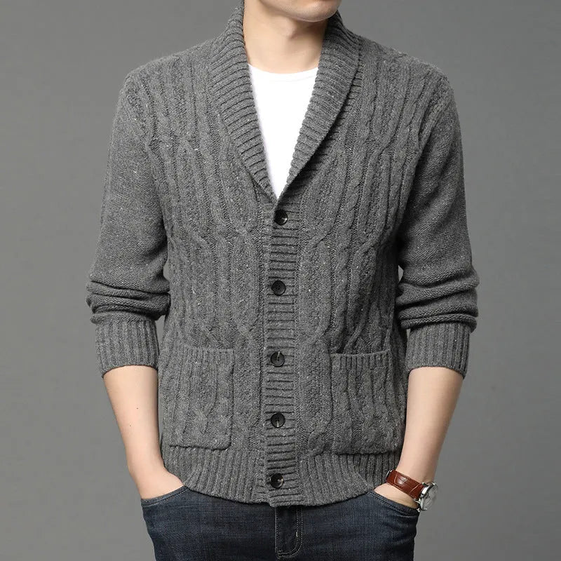 Korean jacquard patterned men's knitted cardigan jacket in straight cut style