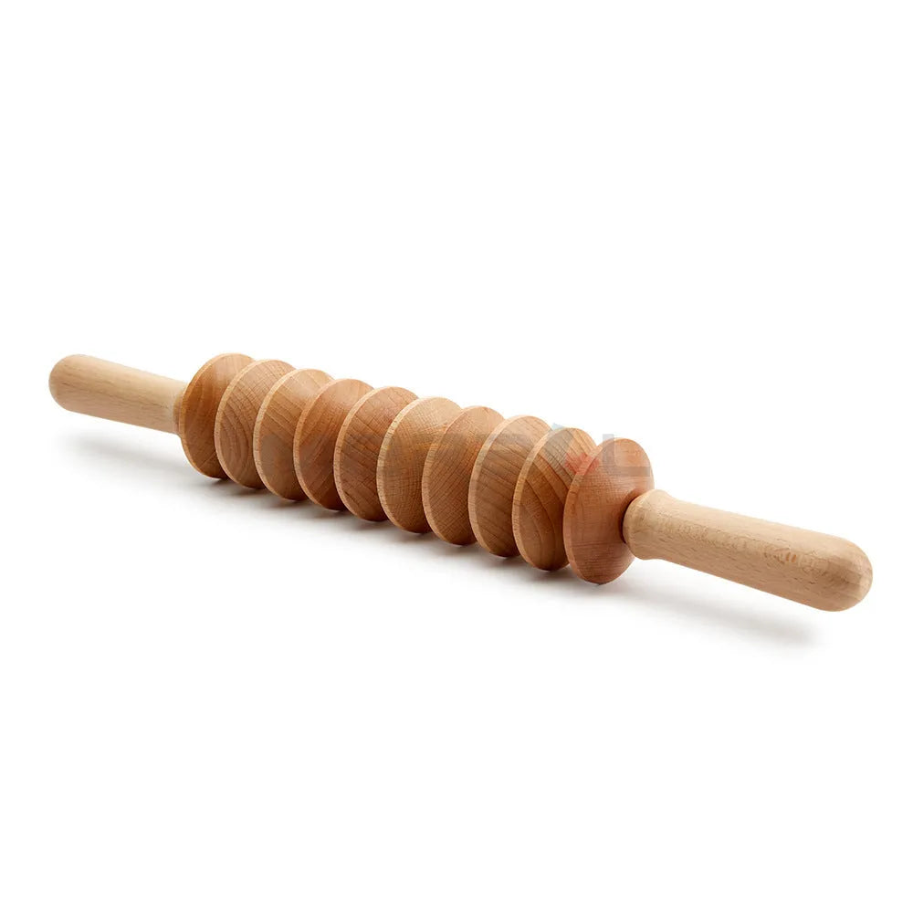 Beech wood massage roller set with T-shaped, straight, curved, and multi-wheel tools for lymphatic drainage