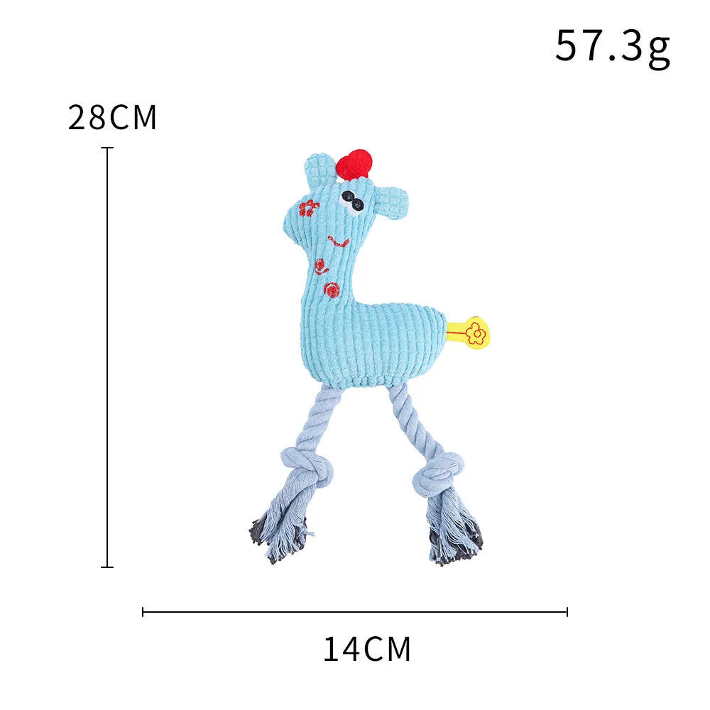 Blue deer-shaped plush dog toy with corn grain texture and sound feature
