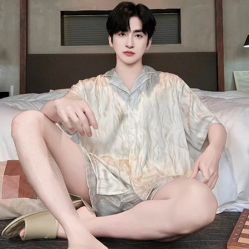 Men's ice silk pajama cardigan set with shorts in lightweight artificial silk fabric with satin jacquard plaid pattern