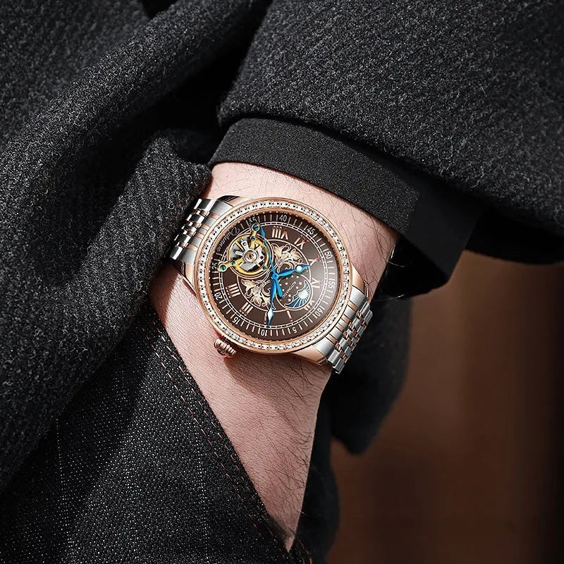 Men's mechanical watch with transparent case back showing movement and stainless steel strap