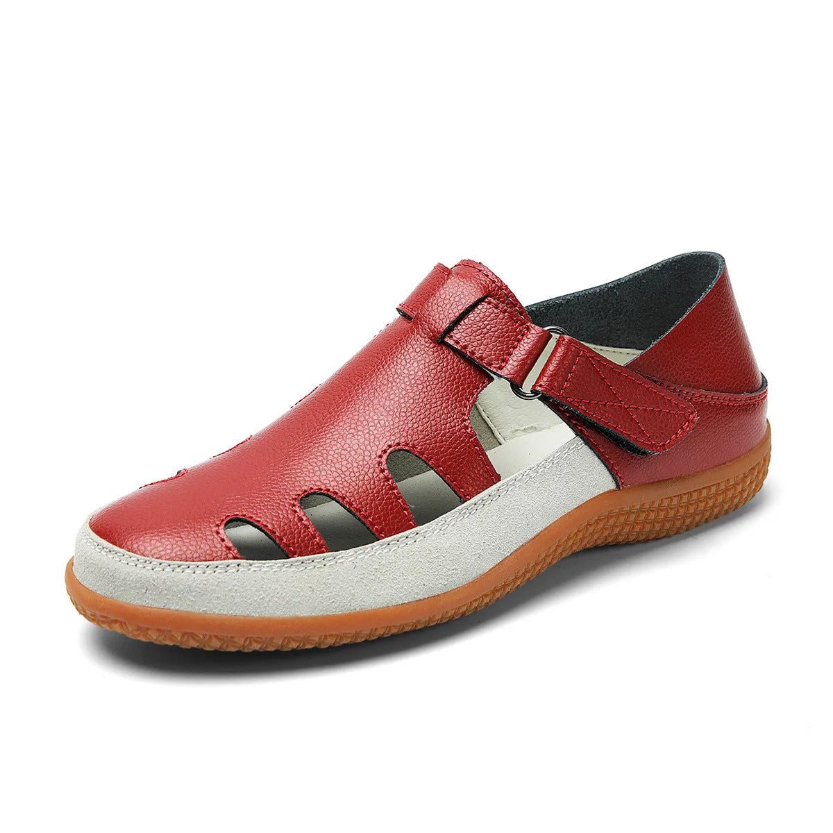 Plus size women's flat sandals in blue with hollow toe cap and thick rubber sole
