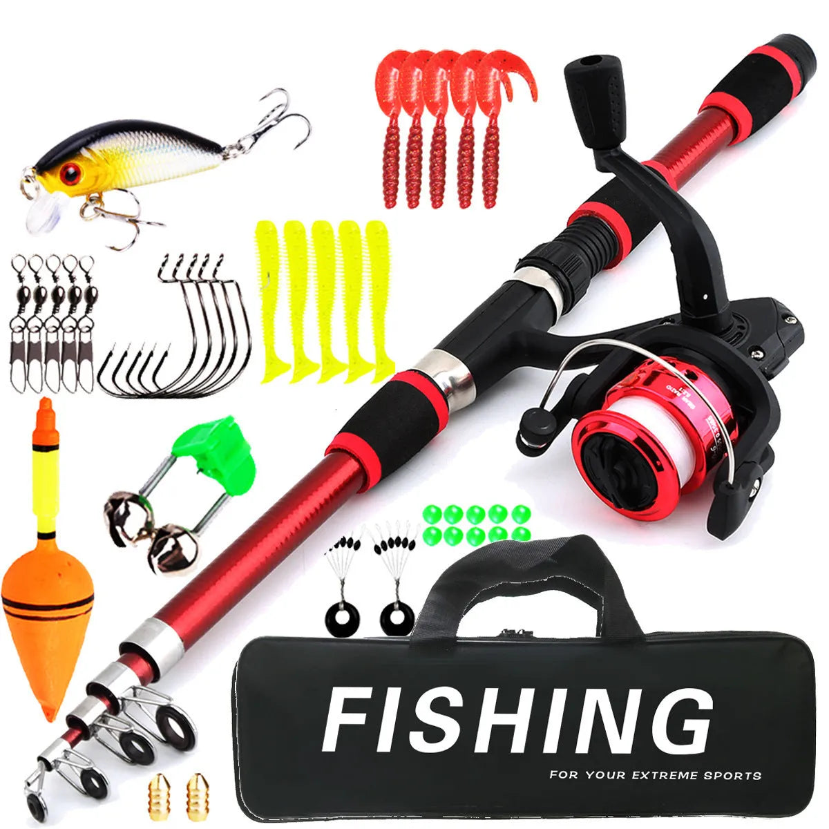Children's beginner fishing rod set with pole and wheel in blue, green, red, or yellow colour options