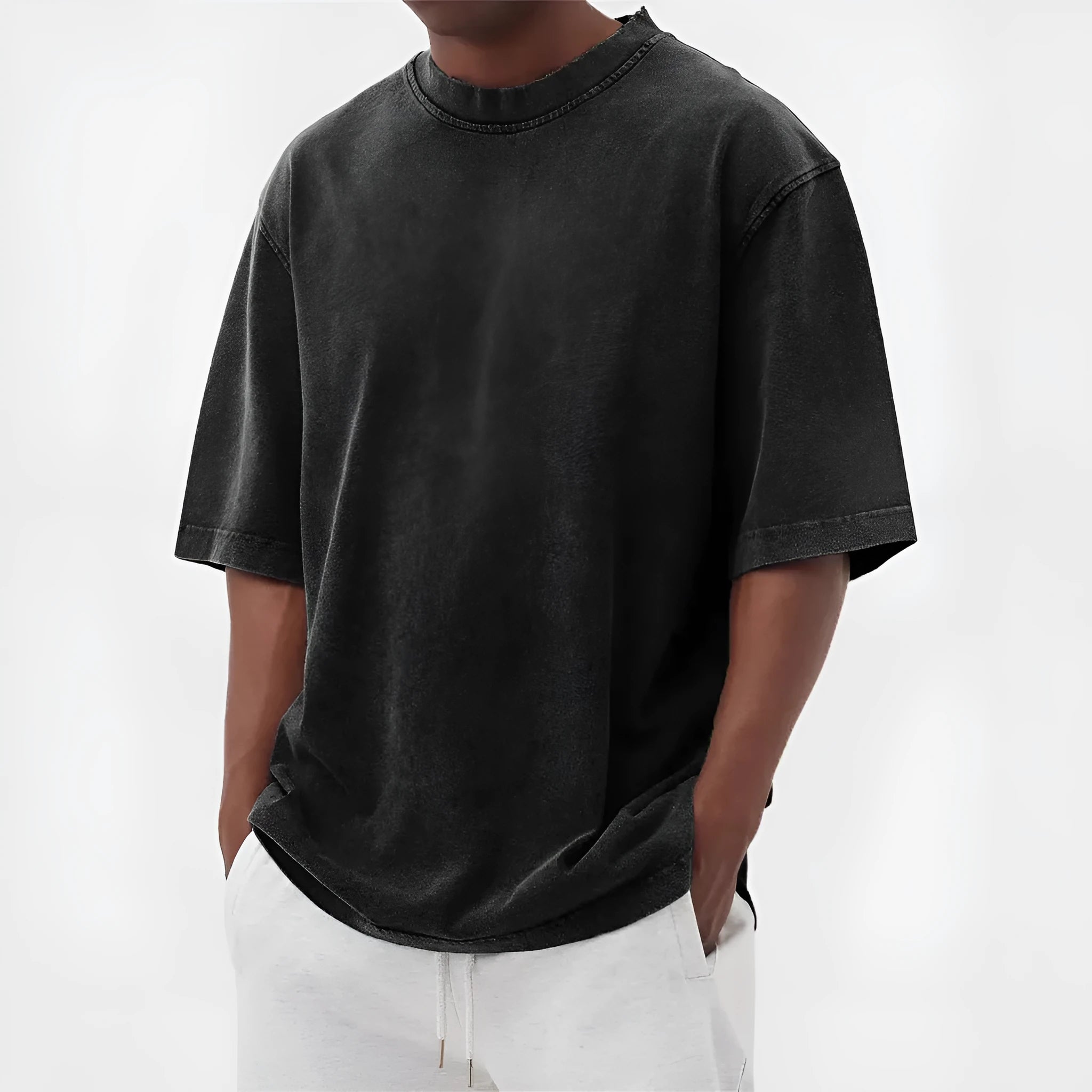 Men's stone washed distressed pullover t-shirt in loose fit with half sleeves available in eight colours