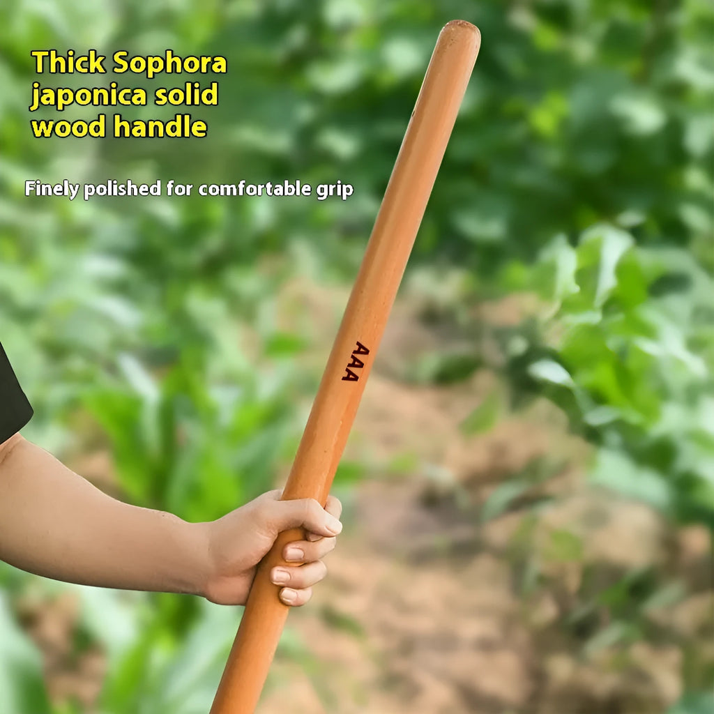 Solid locust wood replacement handles for axes, hoes, and sickles in various lengths on a plain background.