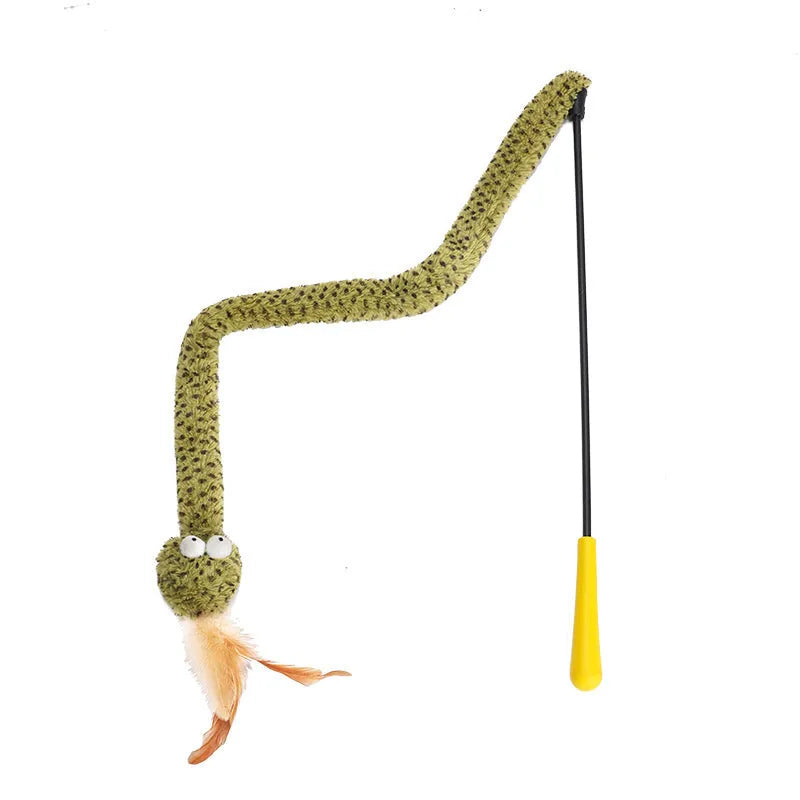 Green snake cat teasing stick toy with feather attachment on 140cm pole