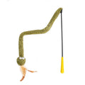 Green snake cat teasing stick toy with feather attachment on 140cm pole