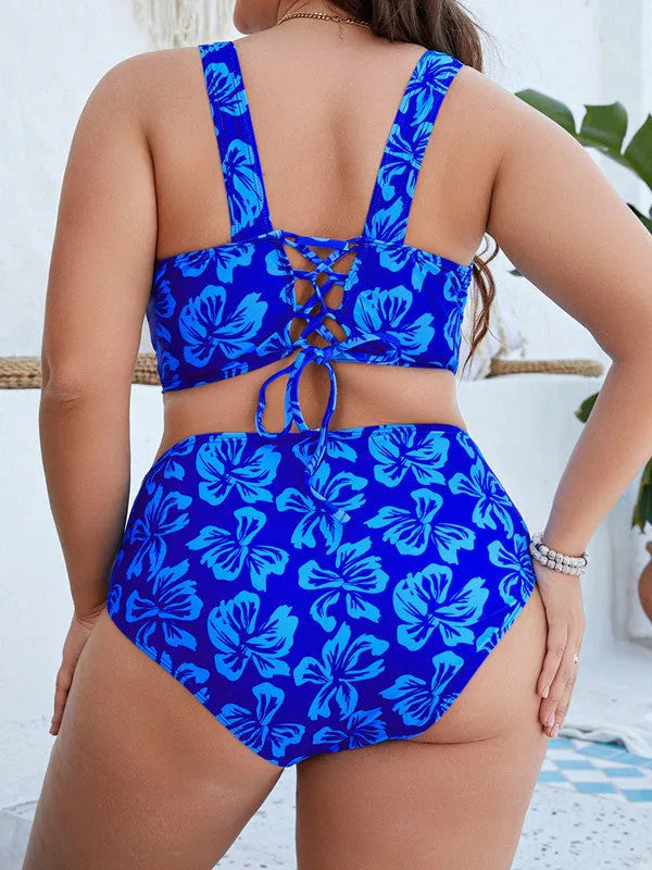 Blue floral pattern split bikini swimsuit with polyester fabric for beach and swimming