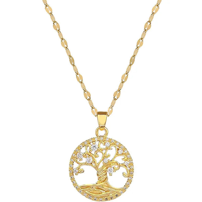 Gold plated Lucky Tree Light necklace with rhinestone details and a Mother Pearl pendant on an adjustable chain.