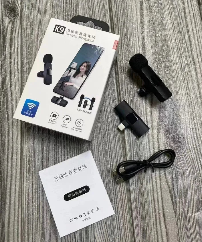 Wireless collar clip lavalier microphone with smartphone connector options for Type-C, Lightning, and 3.5mm jacks.