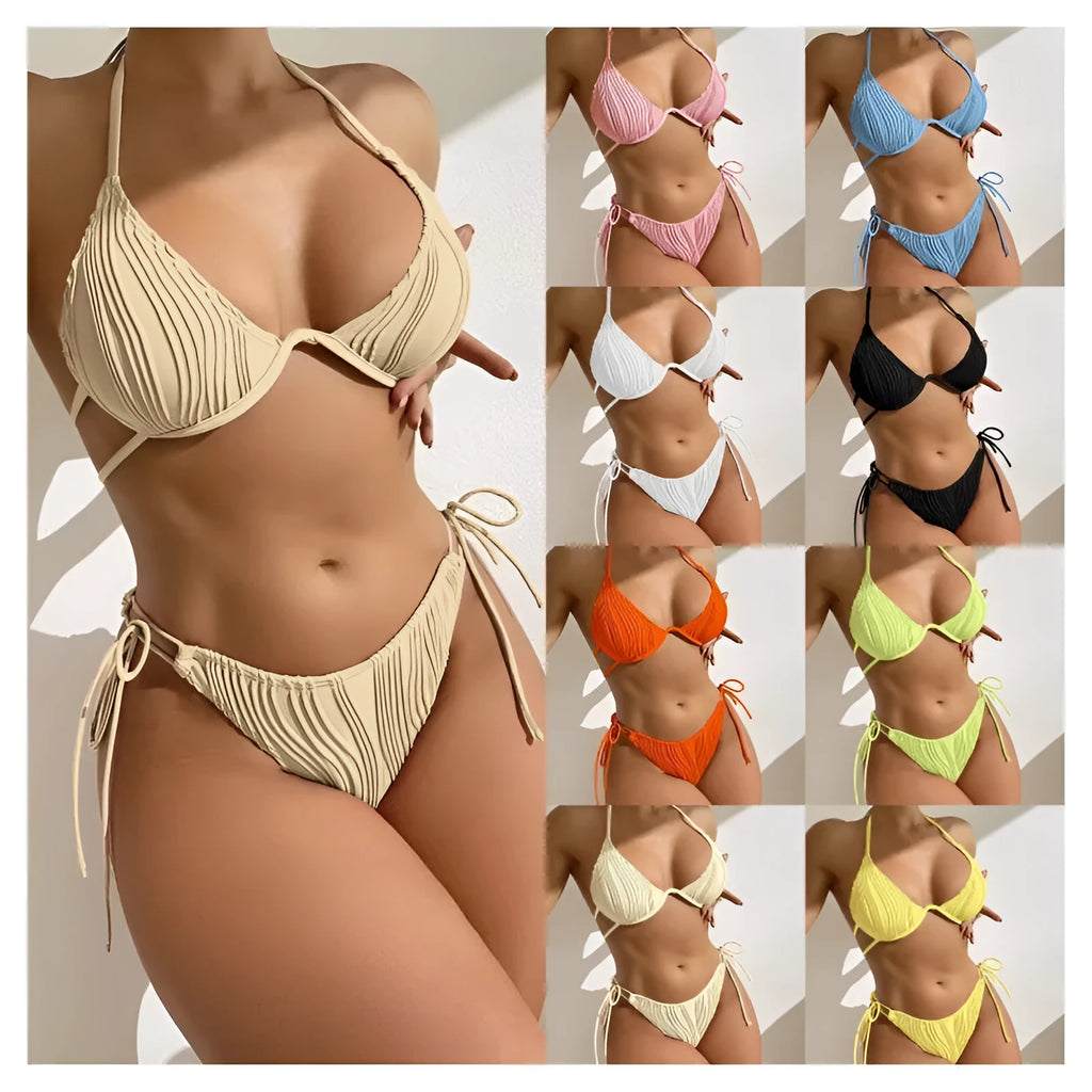 Women's apricot coloured underwire bikini swimsuit with adjustable side-tie bottoms on a mannequin.
