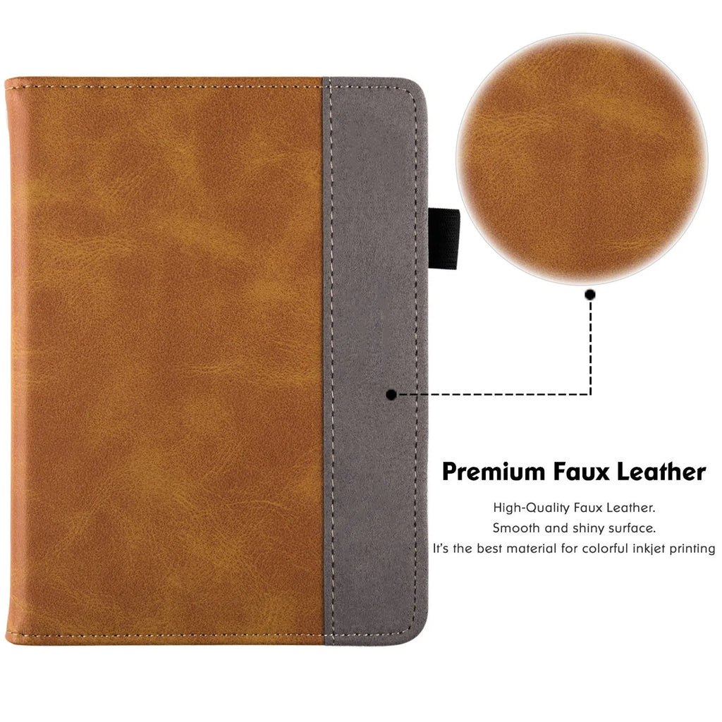 Kindle Paperwhite 5 leather case showing hand strap bracket and magnetic closure in a choice of colours and designs.