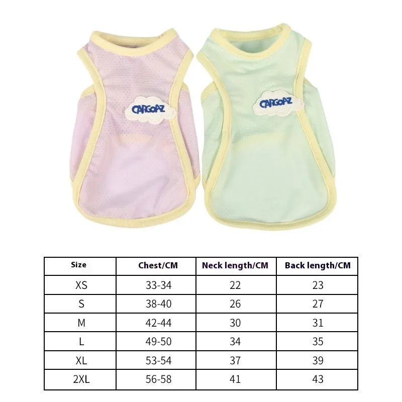 Cat wearing thin polyester summer vest in grass green colour with sports style design
