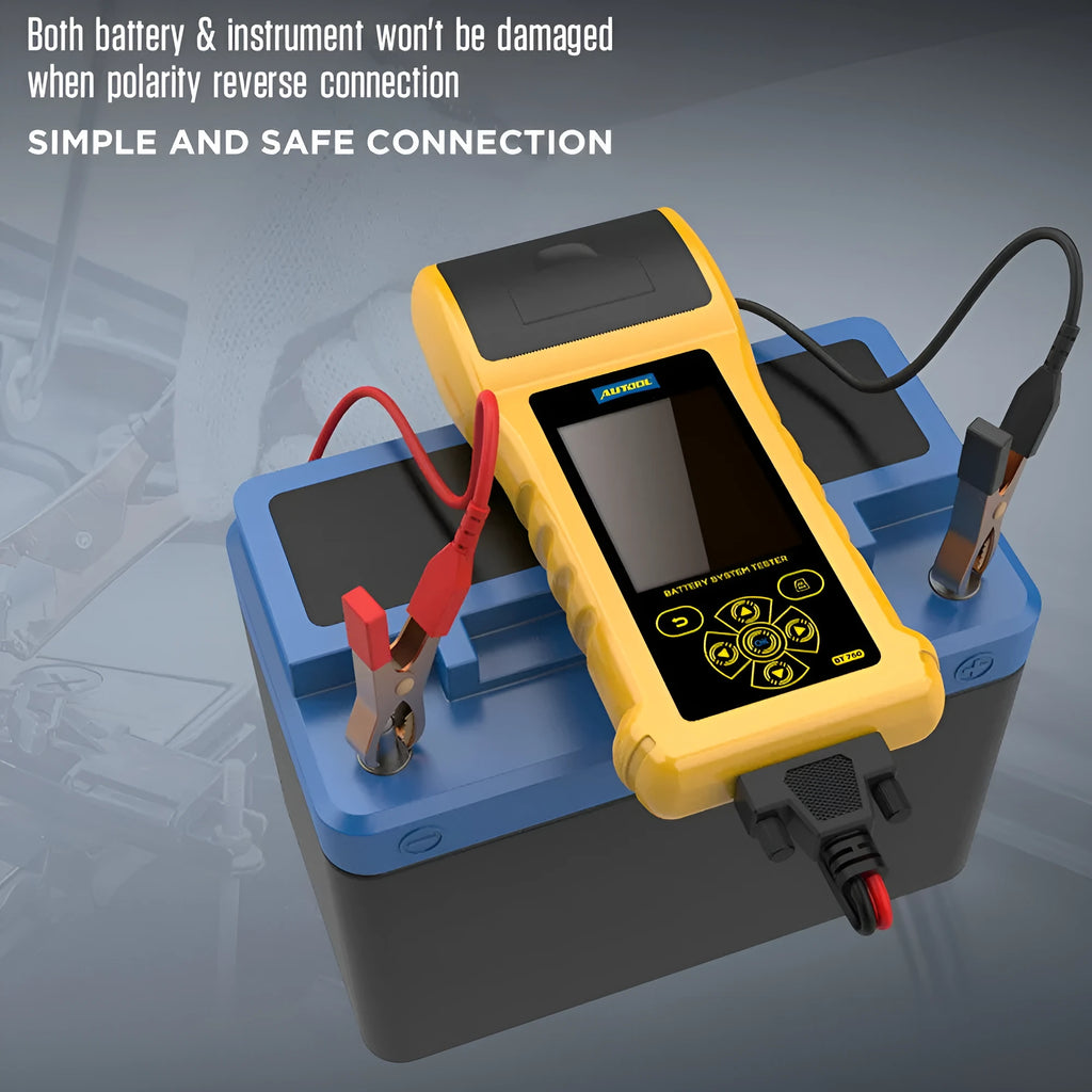 Autool BT760 vehicle battery tester with colour screen and thermal printer on a workbench