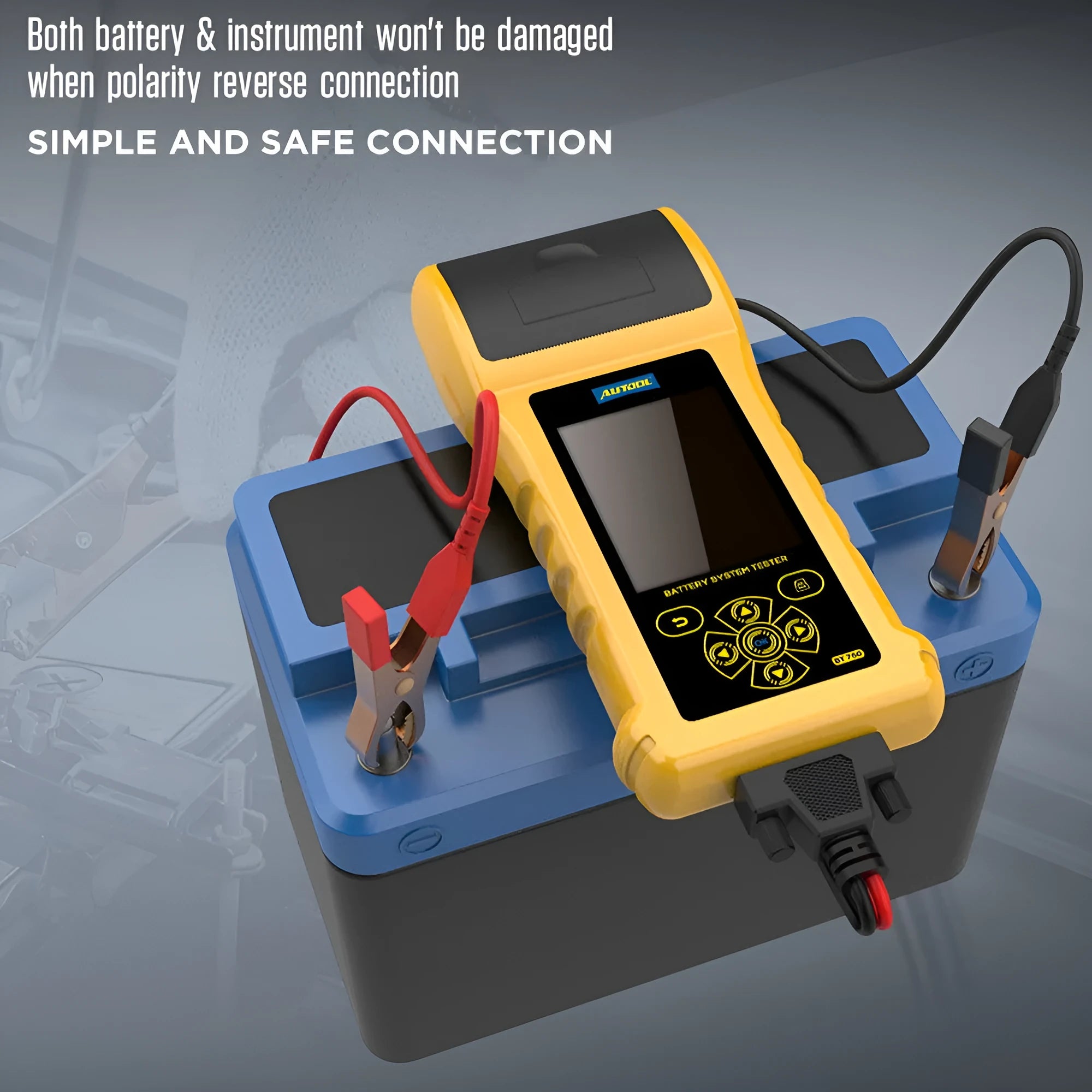 Autool BT760 vehicle battery tester with colour screen and thermal printer on a workbench