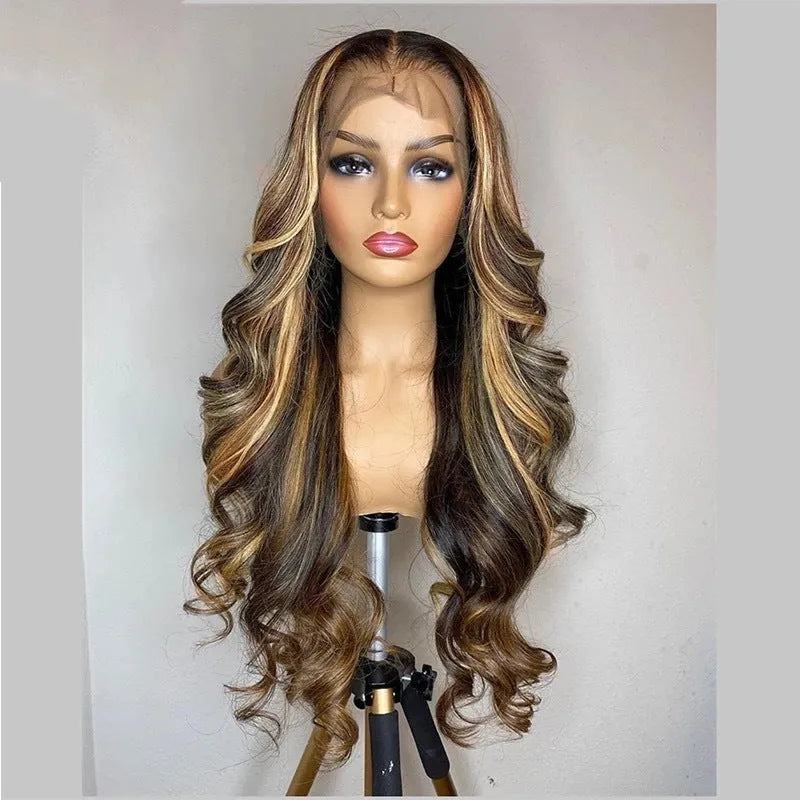 Long black to piano gradient curly front lace wig with side bangs, 134cm length.